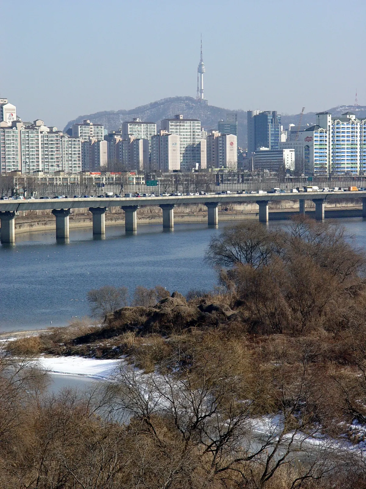 Panorámica de Seúl con N Seoul Tower al otro lado del río Han