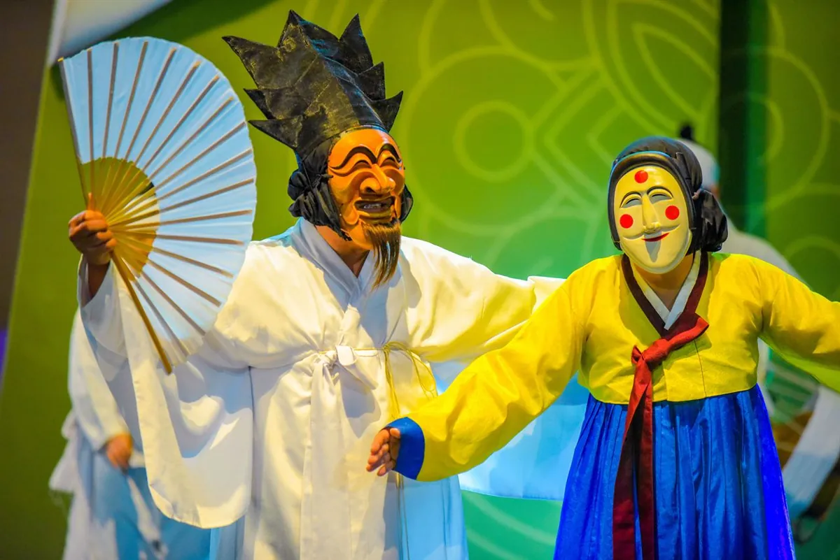 Dos artistas enmascarados bailan con un abanico decorado en Andong