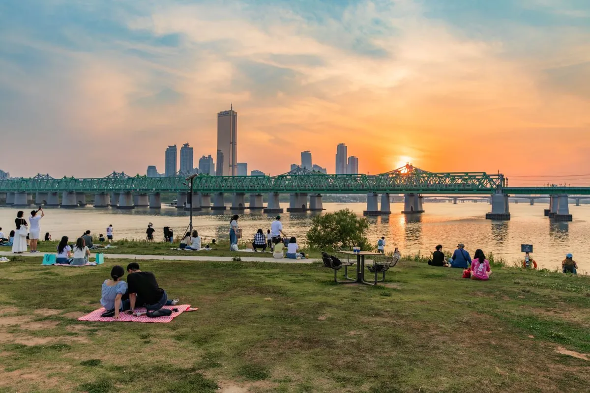 Mọi người nghỉ trên bãi cỏ ven sông ở đảo Nodeul lúc hoàng hôn