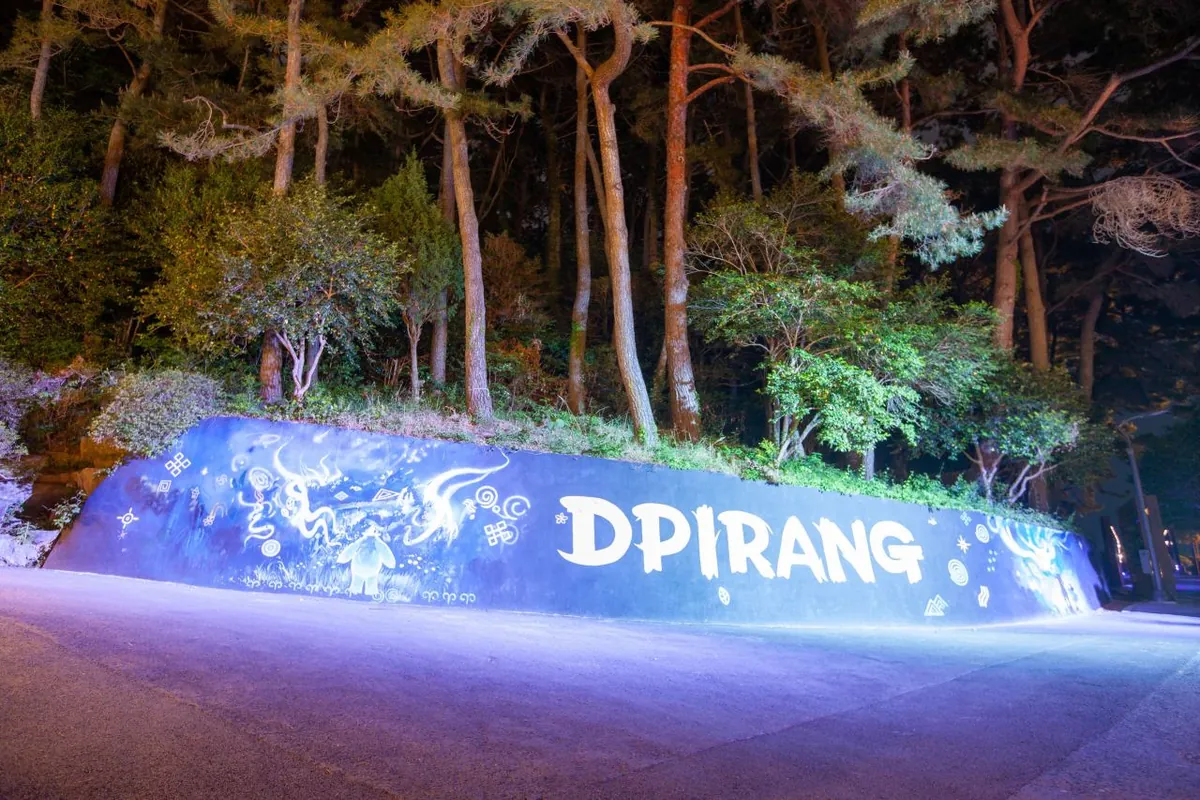 Large DPIRANG lettering on an illuminated wall beneath trees after dark