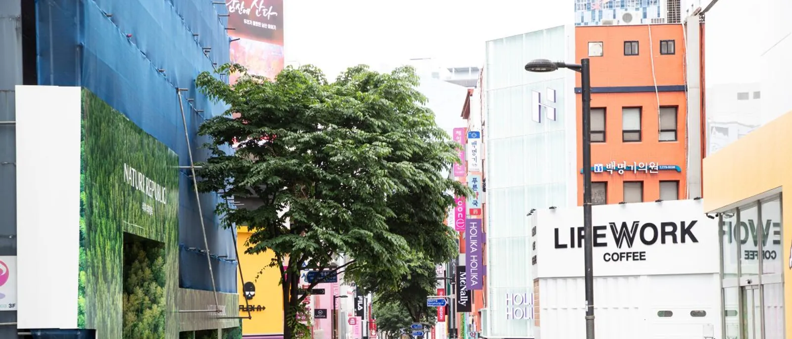 Negozi e numerosi passanti in una vivace via dello shopping di Myeongdong, a Seoul